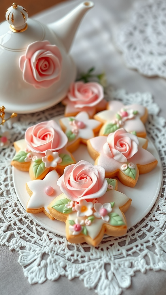 15 Adorable Valentine Baby Shower Sugar Cookies Beautifully decorated floral sugar cookies on a lace doily.