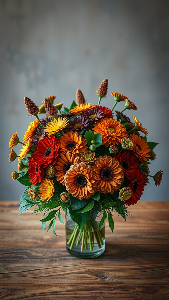 35 Earth Tone Wedding Ideas That'll Make Your Guests Go 'Wow!' (Don't Miss #10!) A vibrant bouquet featuring flowers in earth tone shades, including red, orange, and yellow.