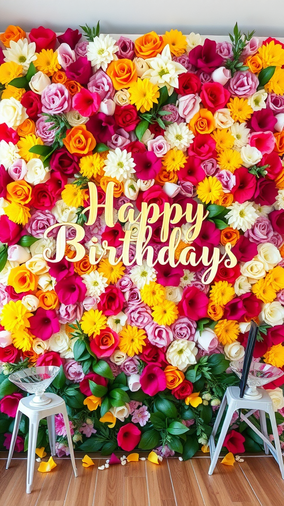 25 Adorable Ideas for a Boho Themed 1st Birthday Party for Girls A colorful flower wall with the text 'Happy Birthdays' for photo opportunities.