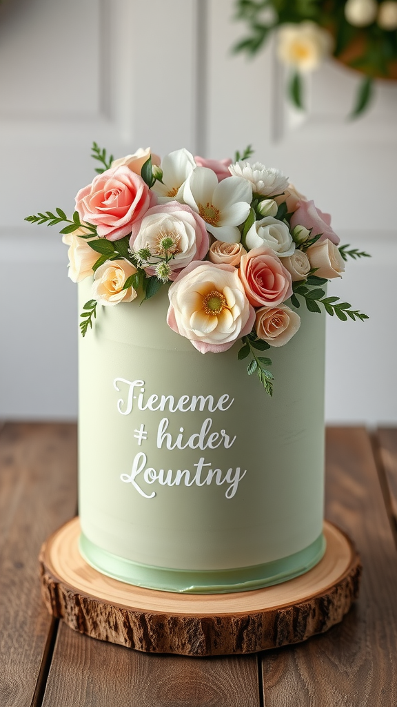 15 Elegant Sage Green Wedding Cake Ideas for Your Perfect Day A sage green wedding cake adorned with fresh pink and white flowers