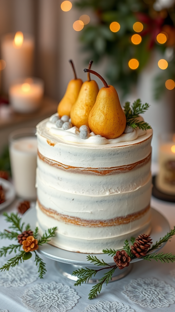 20 Enchanting Christmas Wedding Cake Ideas A beautifully frosted almond cake topped with fresh pears, decorated with pinecones and greenery, set in a festive atmosphere.