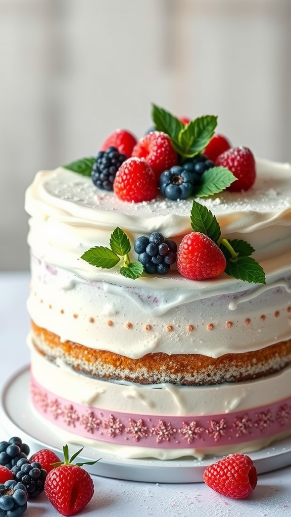 20 Festive Christmas Wedding Cakes and Cupcakes to Delight Your Guests A beautiful frosted berry wedding cake topped with fresh fruits and mint leaves.