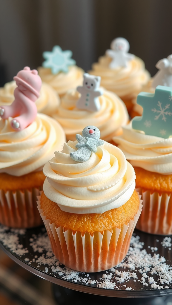 25 Sweet Winter Baby Shower Ideas to Warm Your Celebration A display of frosted cupcakes with winter-themed decorations.