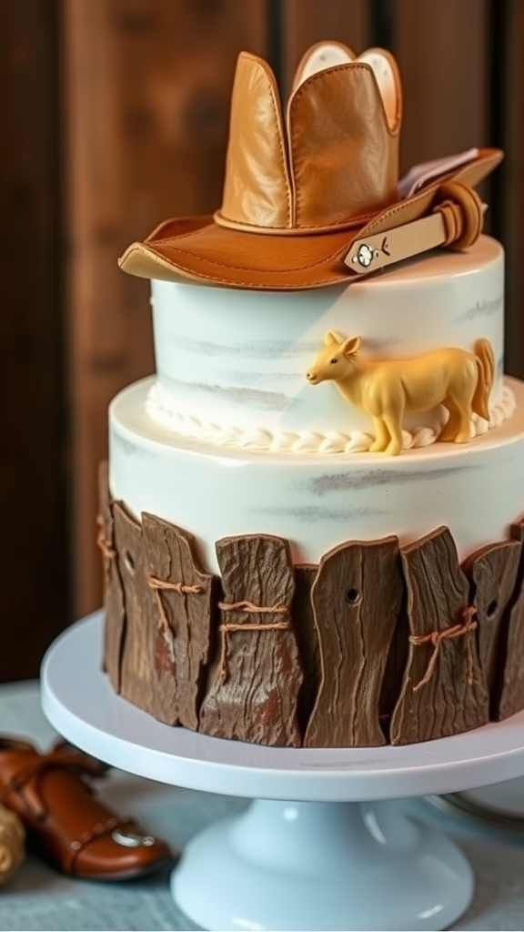 25 Cowboy Wedding Cake Ideas to Inspire Your Rustic Celebration A rustic cowboy cake with a cowboy hat, horse figurine, and wooden fence design