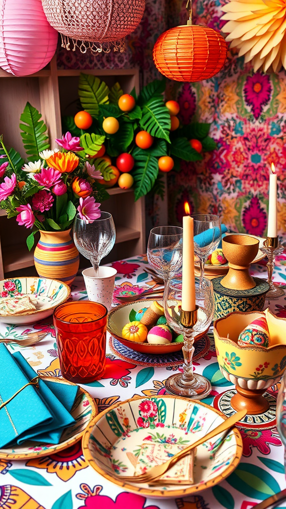 25 Creative Ideas for a Boho 50th Birthday Party Celebration Colorful table setting with vibrant dishes, glassware, candles, and floral decorations.