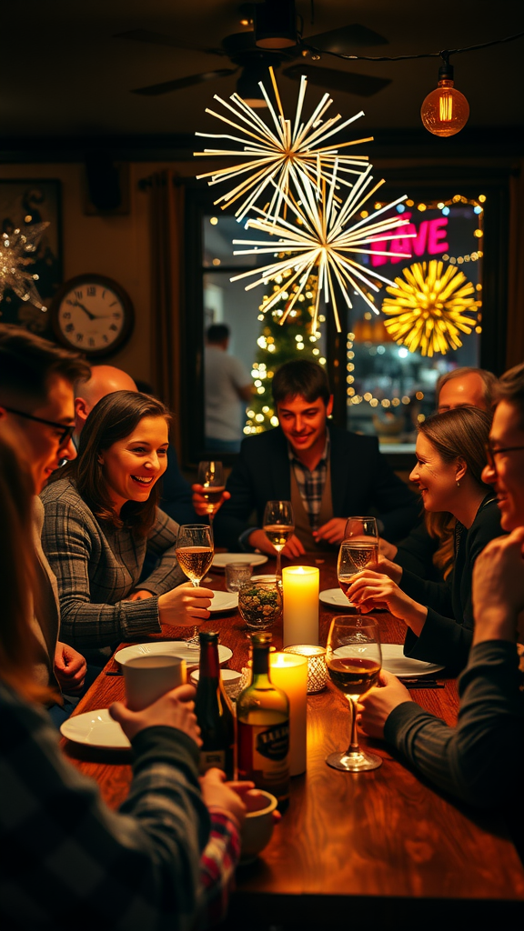 20 Exciting adults New Year's Eve Party Ideas Friends enjoying drinks and laughter at a festive New Year’s Eve party, with decorations and candles on the table.