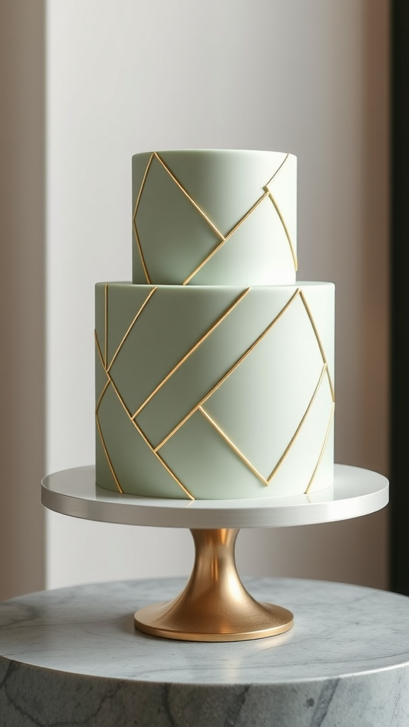 15 Elegant Sage Green Wedding Cake Ideas for Your Perfect Day A 1 tier sage green wedding cake with geometric golden patterns on a marble table.