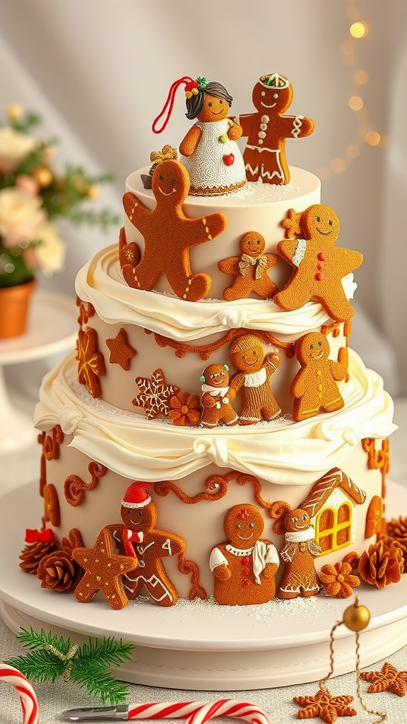 20 Festive Christmas Wedding Cakes and Cupcakes to Delight Your Guests A three-tiered gingerbread wedding cake adorned with gingerbread figures and festive decorations, perfect for a Christmas wedding.