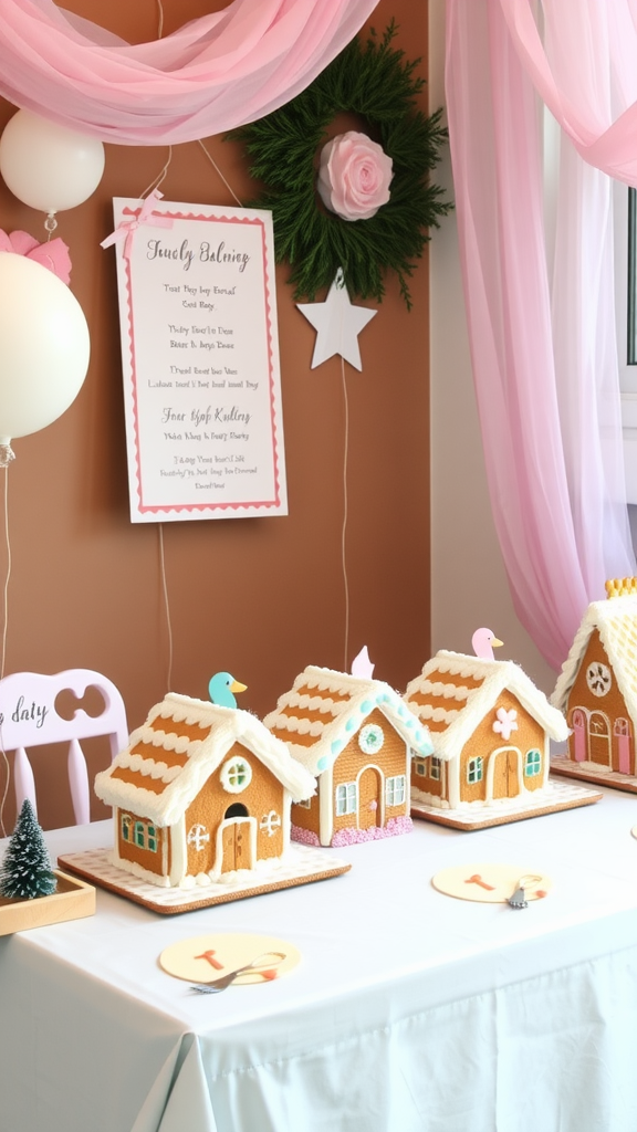 25 Sweet Winter Baby Shower Ideas to Warm Your Celebration A table set for gingerbread house decorating with multiple houses and Christmas trees in the background.
