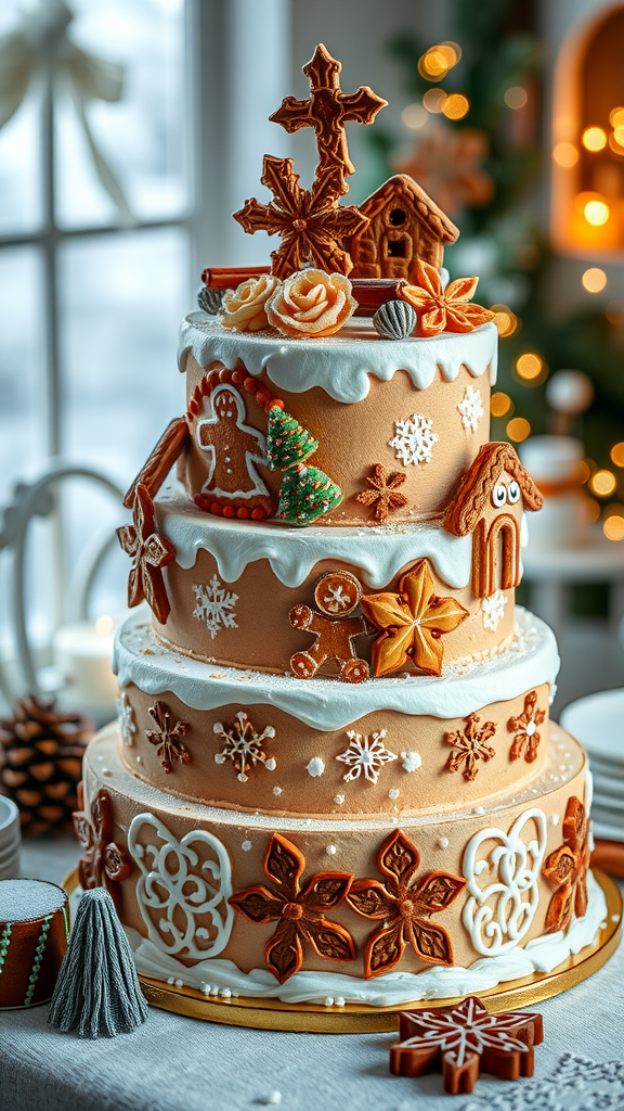 20 Enchanting Christmas Wedding Cake Ideas A beautifully decorated three-tier gingerbread cake with festive decorations, ideal for Christmas celebrations.