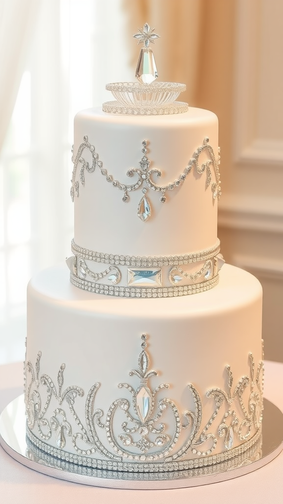 30 Themed Two-Tier Wedding Cakes That Are Totally Unique (Check Out #9!) A two tier wedding cake decorated with crystal embellishments, featuring intricate designs and a sparkling topper.