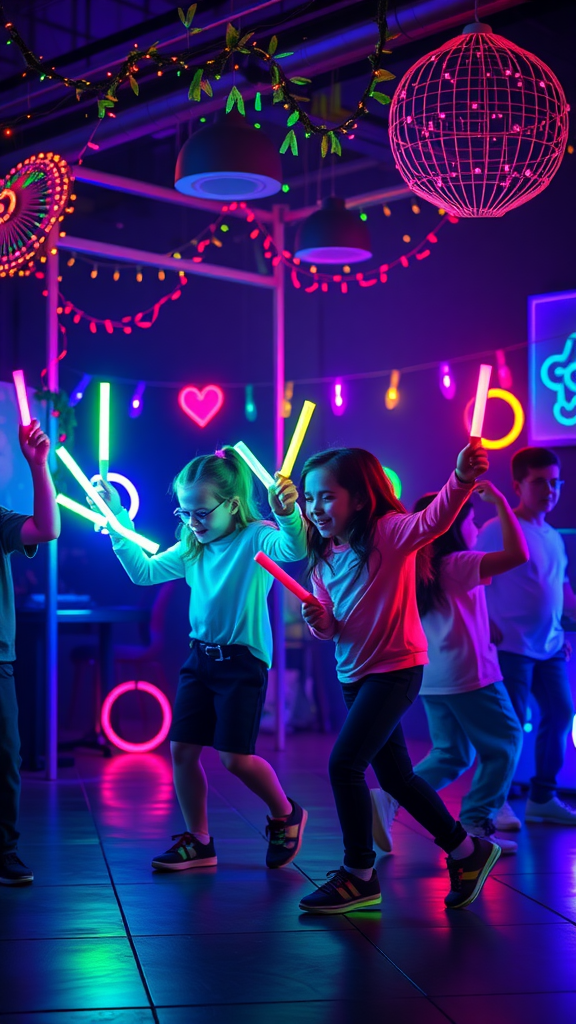 25 Fun and Festive new year’s eve kid party ideas Children dancing with glow sticks in a colorful, neon-lit party setting