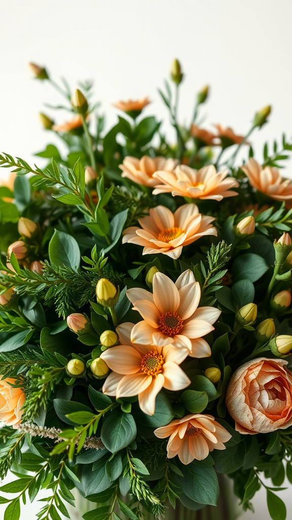 35 Stunning Earth Tone Wedding Bouquets for Your Dream Celebration A bouquet filled with peach flowers and lush green foliage