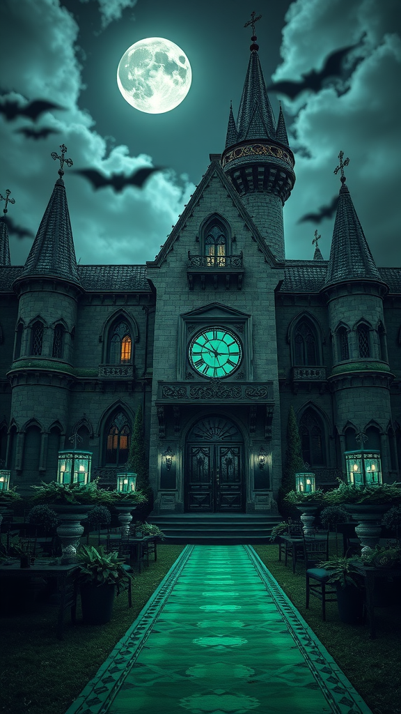 20 Enchanting Dark Romantic Wedding in Emerald Green Ideas Gothic-style wedding venue with a dark romantic theme, featuring a grand castle facade, emerald green pathway, and a full moon in the sky.