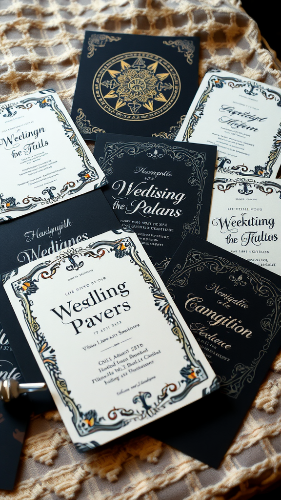 25 Enchanting Dark Romantic Wedding Ideas You’ll Love A collection of gothic-themed wedding invitations with ornate designs and dark colors.