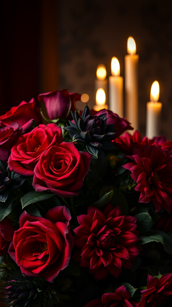 25 Enchanting Dark Romantic Wedding Ideas You’ll Love A gothic floral arrangement featuring dark red roses and dahlias with flickering candles in the background.