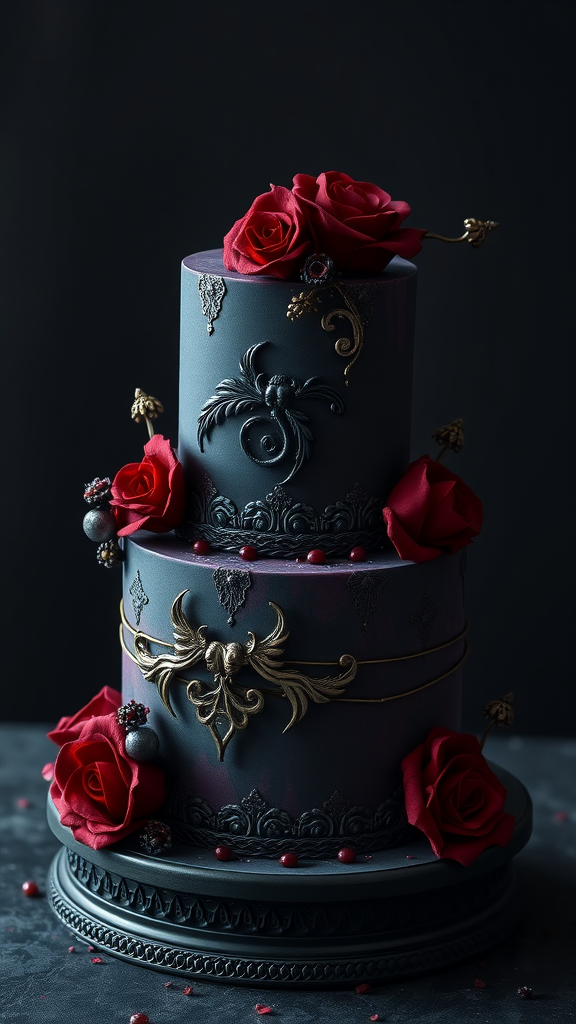 30 Themed Two-Tier Wedding Cakes That Are Totally Unique (Check Out #9!) A two-tier wedding cake with dark colors, decorated with red roses and intricate details.