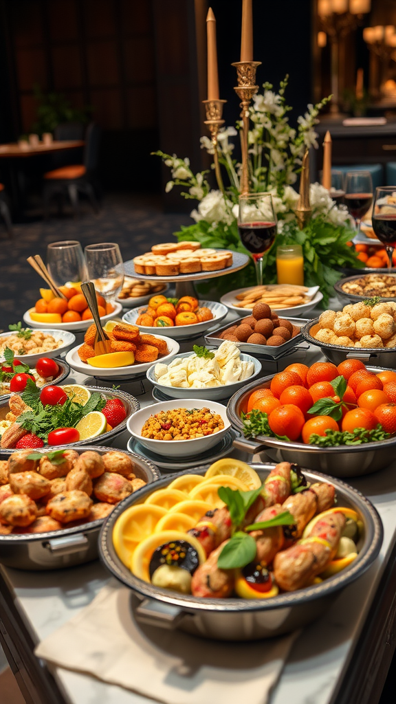 20 Exciting New Year’s Eve Party Ideas to Celebrate in Style A beautifully arranged gourmet appetizer display with various fruits, finger foods, and elegant decorations, perfect for a party.