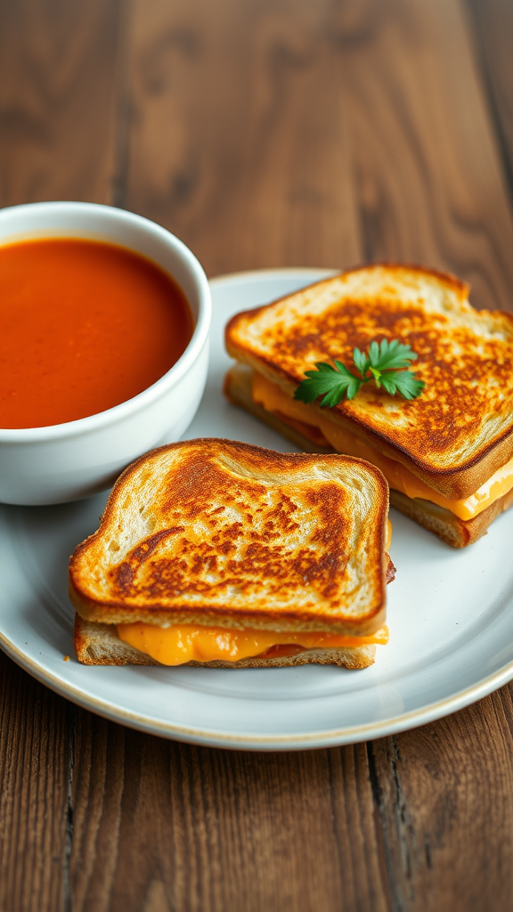 15 Romantic Valentine Lunch Ideas A plate with gourmet grilled cheese sandwiches and a bowl of tomato soup