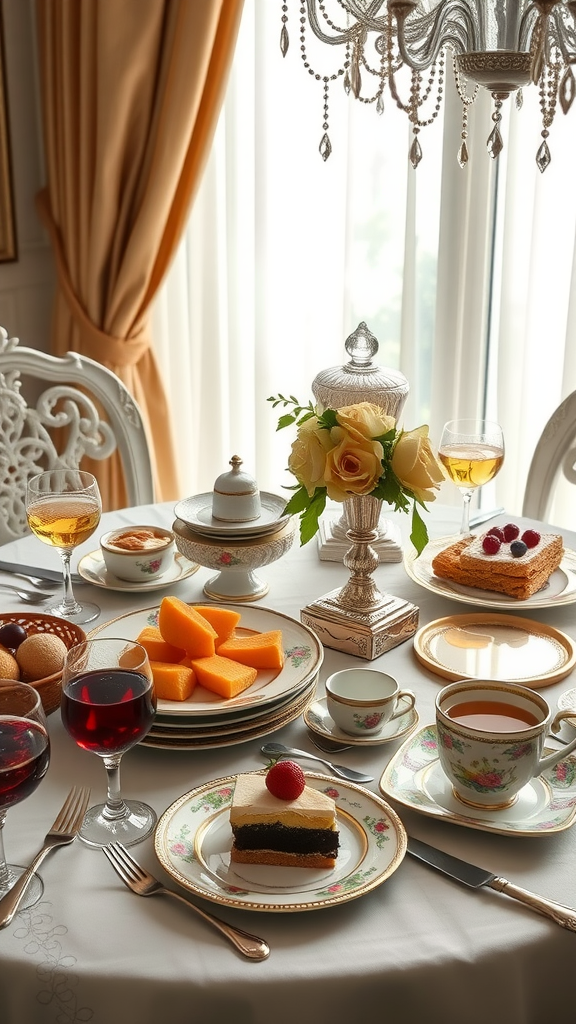 35 Stunning Ideas for a Rococo Party An elegant table setting for a Rococo Party featuring gourmet treats and fine beverages.