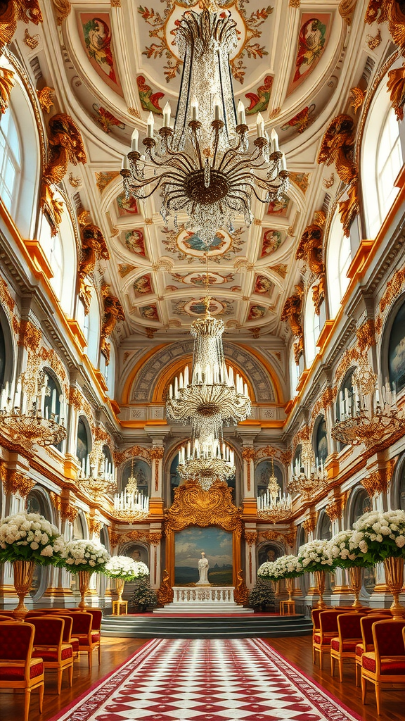 35 Rococo Wedding Inspiration Ideas That Will Make Your Heart Skip a Beat (Don't Miss #10!) Interior of a lavish Rococo-style wedding venue, featuring chandeliers and floral arrangements.
