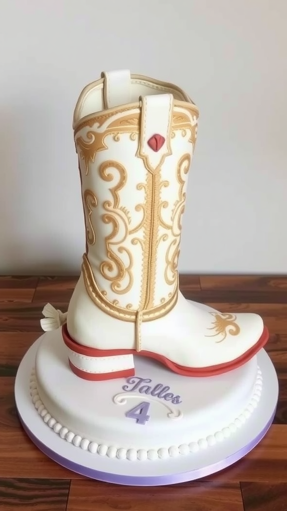 25 Cowboy Wedding Cake Ideas to Inspire Your Rustic Celebration A detailed cowboy boot-shaped cake decorated with gold and red accents, placed on a white round base.
