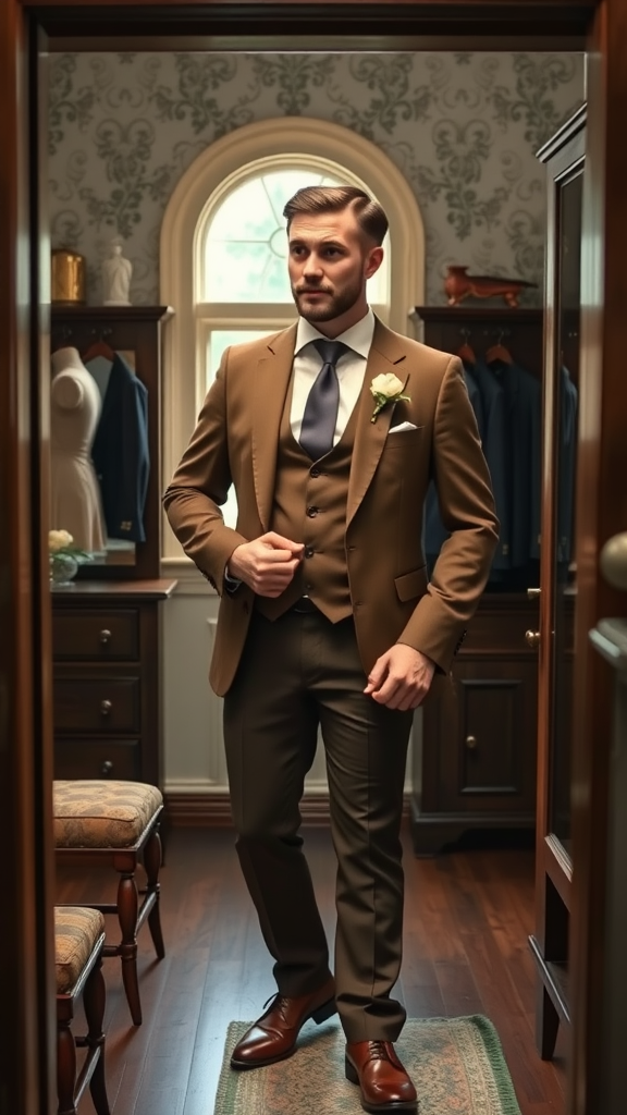 35 Earth Tone Wedding Ideas That'll Make Your Guests Go 'Wow!' (Don't Miss #10!) Groom in a brown earth tone suit with a white shirt and navy tie, looking stylish in a fitting room