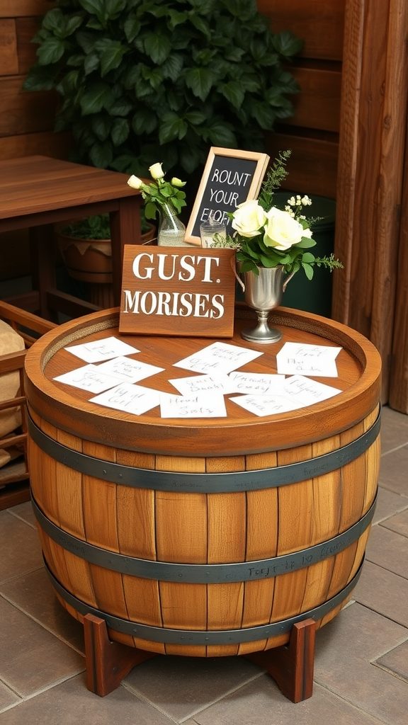 25 Creative Ideas for a Cowboy-Themed Wedding Celebration A wooden barrel table with a guest book setup featuring flowers and cards for guests to write messages.