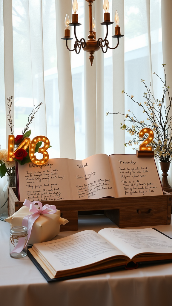 20 Exciting adults New Year's Eve Party Ideas A beautifully arranged guestbook setup with a chandelier and decorative elements.
