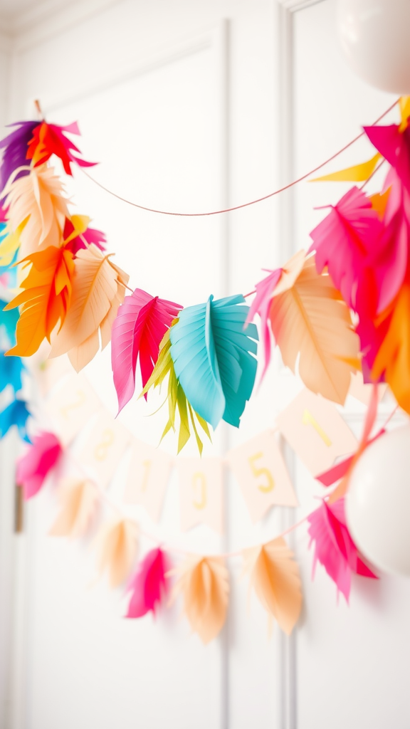 25 Adorable Ideas for a Boho Themed 1st Birthday Party for Girls Colorful handmade feather birthday banner for a 1st birthday party