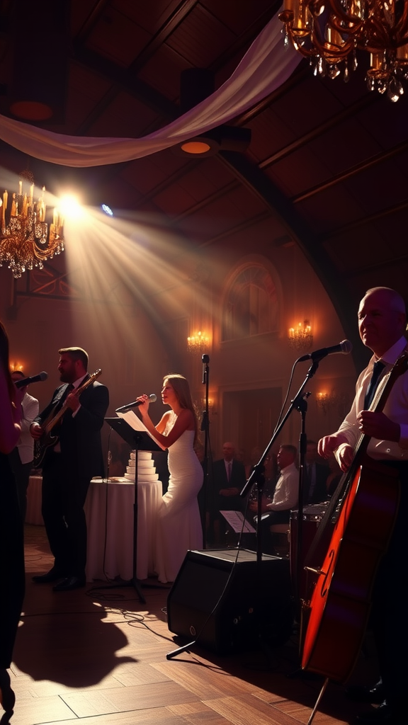 25 Enchanting Dark Romantic Wedding Ideas You’ll Love A live music performance in an elegantly lit venue, featuring a singer in a white dress and musicians creating a captivating atmosphere.