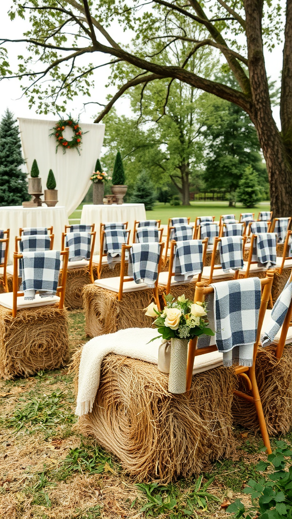 25 Creative Ideas for a Cowboy-Themed Wedding Celebration Outdoor wedding seating made of hay bales with plaid blankets and flowers.