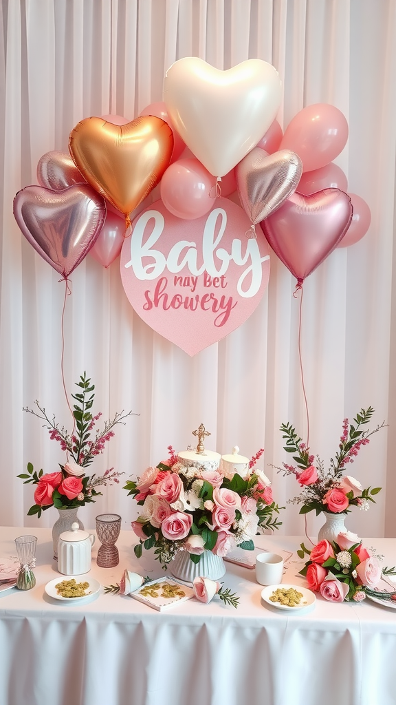 25 Lovely Valentine Baby Shower Ideas You’ll Love A beautifully arranged baby shower table with heart-shaped balloons, floral decorations, and themed signage.