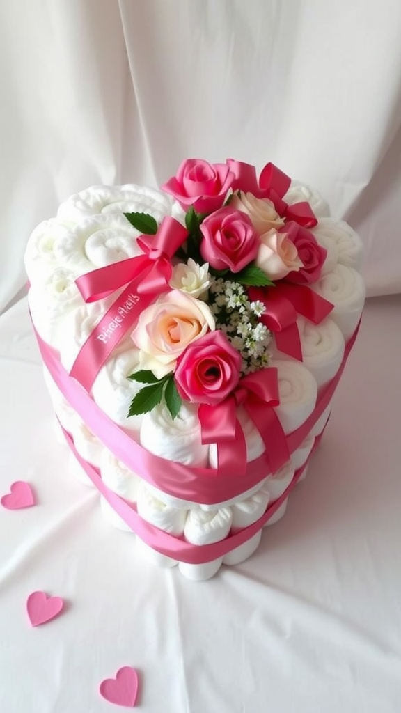 25 Creative Valentine Diaper Cakes A heart-shaped diaper cake decorated with pink ribbons and flowers.