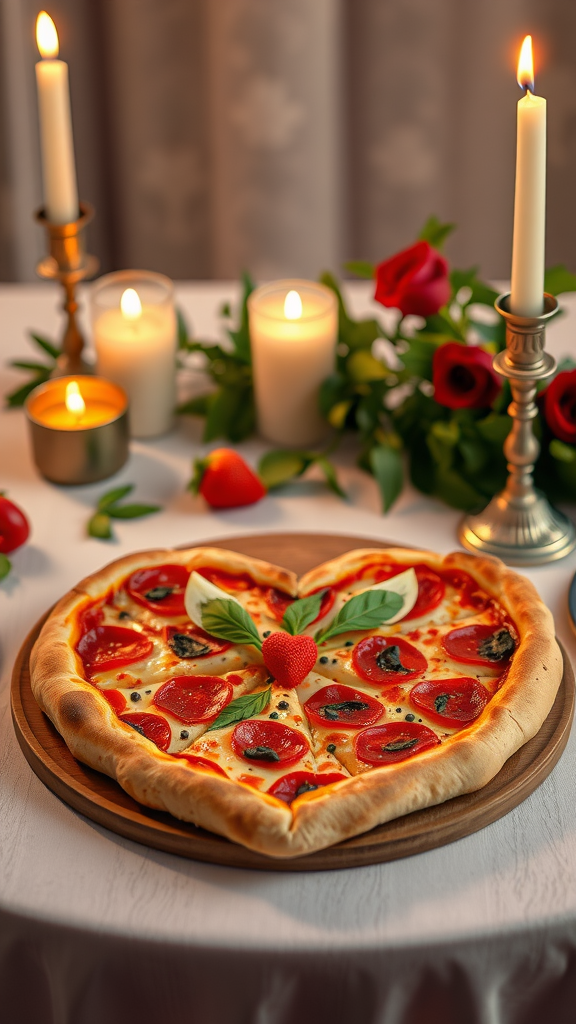 15 Romantic Valentine Lunch Ideas A heart-shaped pizza topped with tomatoes, basil, and strawberries, surrounded by candles and roses. Valentine Lunch