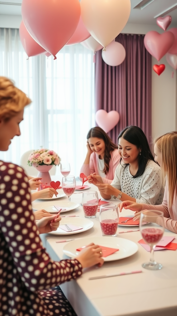 25 Lovely Valentine Baby Shower Ideas You’ll Love A group of women at a Valentine-themed baby shower, engaged in crafting and enjoying their time together.
