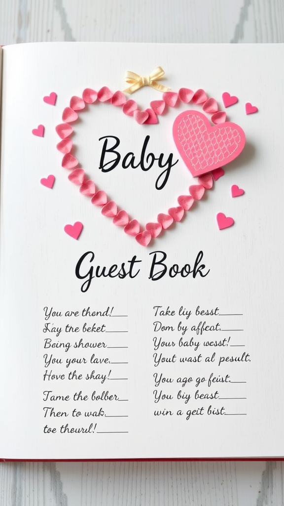 25 Lovely Valentine Baby Shower Ideas You’ll Love A playful baby guest book with heart decorations and spaces for messages