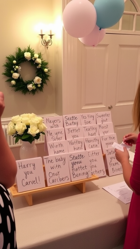 25 Lovely Valentine Baby Shower Ideas You’ll Love A wooden display holding various heartfelt cards for a baby celebration, surrounded by flowers and a small wooden house.