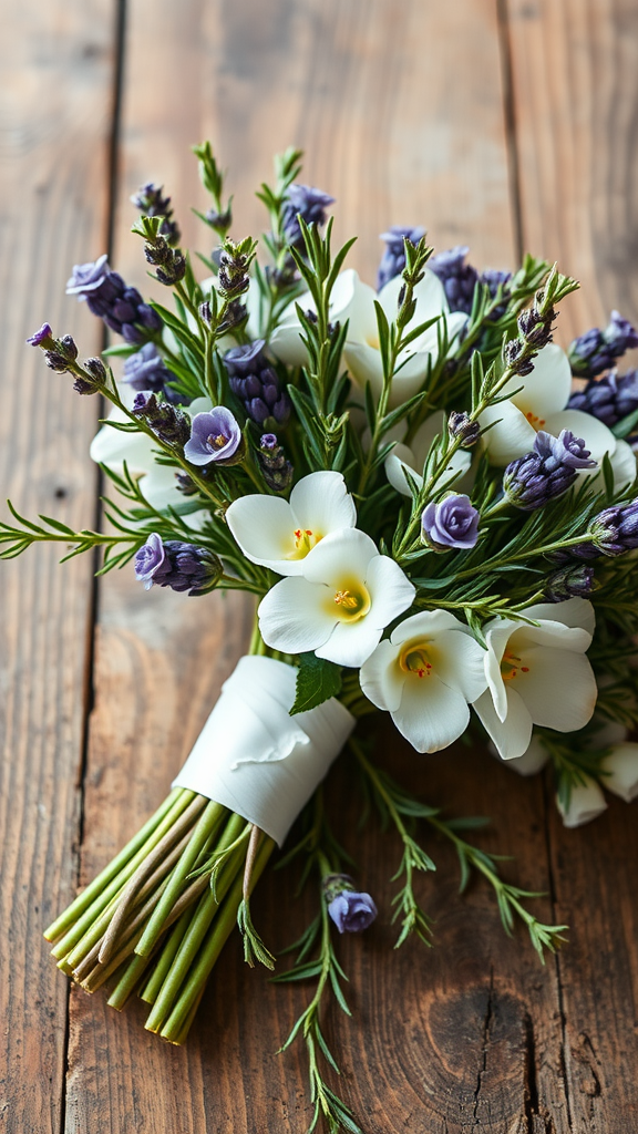 25 Cowboy Wedding Flowers That Will Make Planning a Breeze! A bouquet featuring lavender and white flowers arranged on a wooden surface.