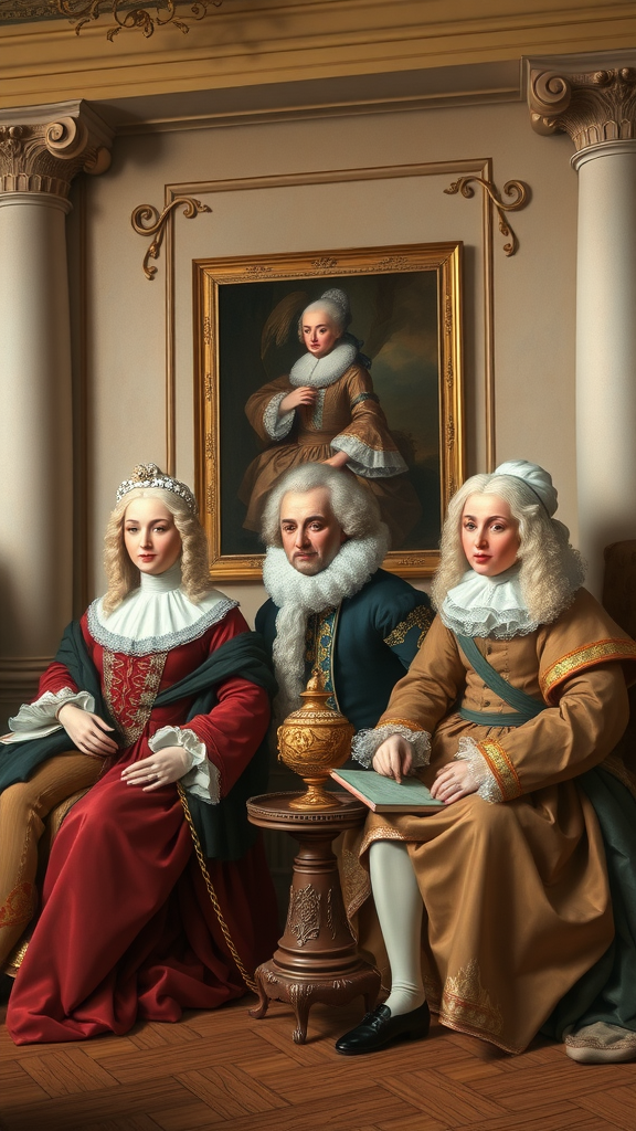 35 Stunning Ideas for a Rococo Party Three historical figures in Rococo clothing, sitting in an elegant room with a painting in the background.