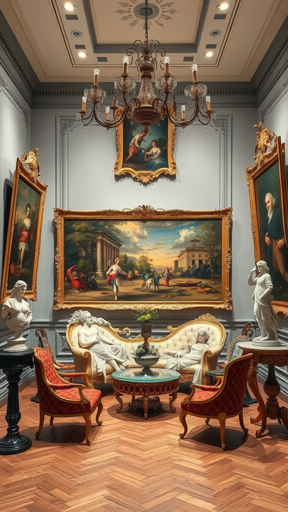 35 Stunning Ideas for a Rococo Party An elegant Rococo-style interior with ornate furniture, paintings, and a chandelier