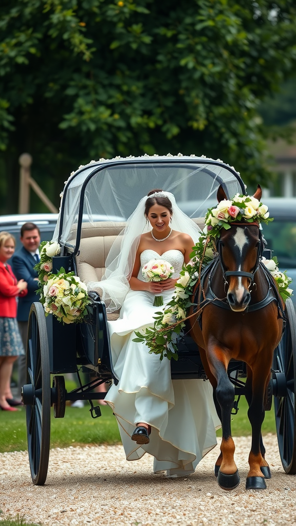 25 Creative Ideas for a Cowboy-Themed Wedding Celebration A bride in a horse-drawn carriage, smiling, with floral decorations, arriving at her wedding.
