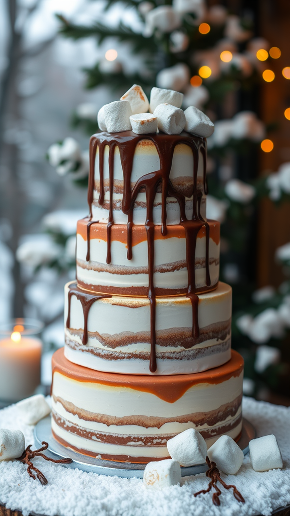 20 Enchanting Christmas Wedding Cake Ideas A beautifully layered cake with chocolate drizzles and marshmallows, inspired by hot cocoa.