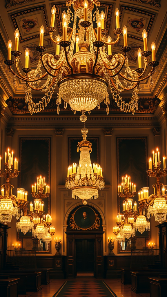 35 Stunning Ideas for a Rococo Party An elegant room illuminated with lavish chandeliers, reflecting the opulent Rococo style.