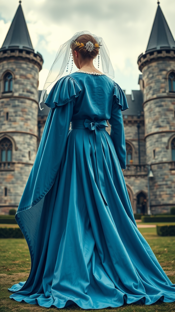 15 Stunning Blue Medieval Wedding Dresses for Your Fairytale Day A bride wearing a blue medieval wedding dress with flowing cape and sleeves, standing in front of a castle.