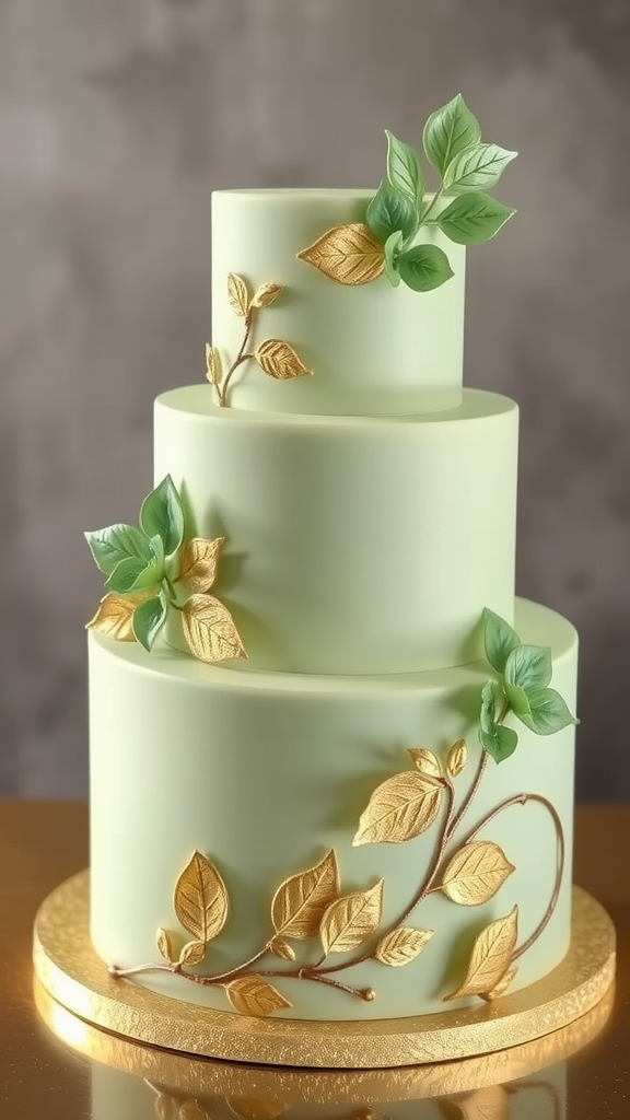 15 Elegant Sage Green Wedding Cake Ideas for Your Perfect Day A 1 tier sage green wedding cake with gold leaf accents.