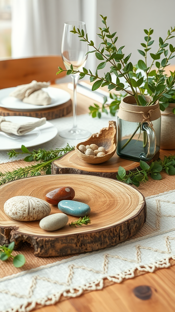25 Creative Ideas for a Boho 50th Birthday Party Celebration A beautifully arranged table featuring wooden plates, smooth stones, and greenery, perfect for a boho-themed celebration.