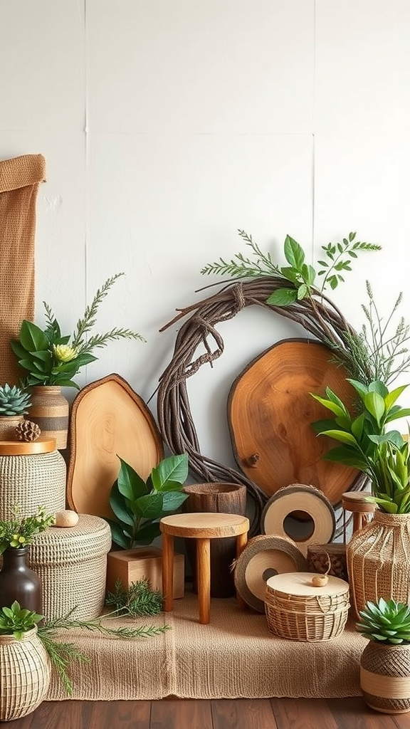35 Earth Tone Wedding Ideas That'll Make Your Guests Go 'Wow!' (Don't Miss #10!) A display of natural textures featuring wooden pieces, woven baskets, and greenery.