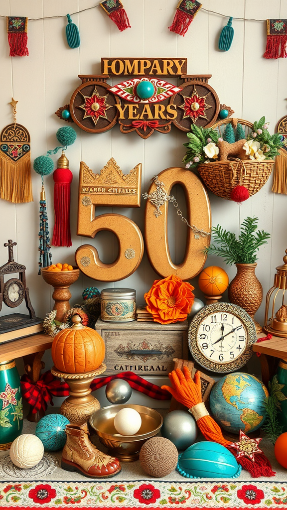 25 Creative Ideas for a Boho 50th Birthday Party Celebration A vibrant display featuring a large golden '50' surrounded by colorful decorations for a boho 50th birthday party.