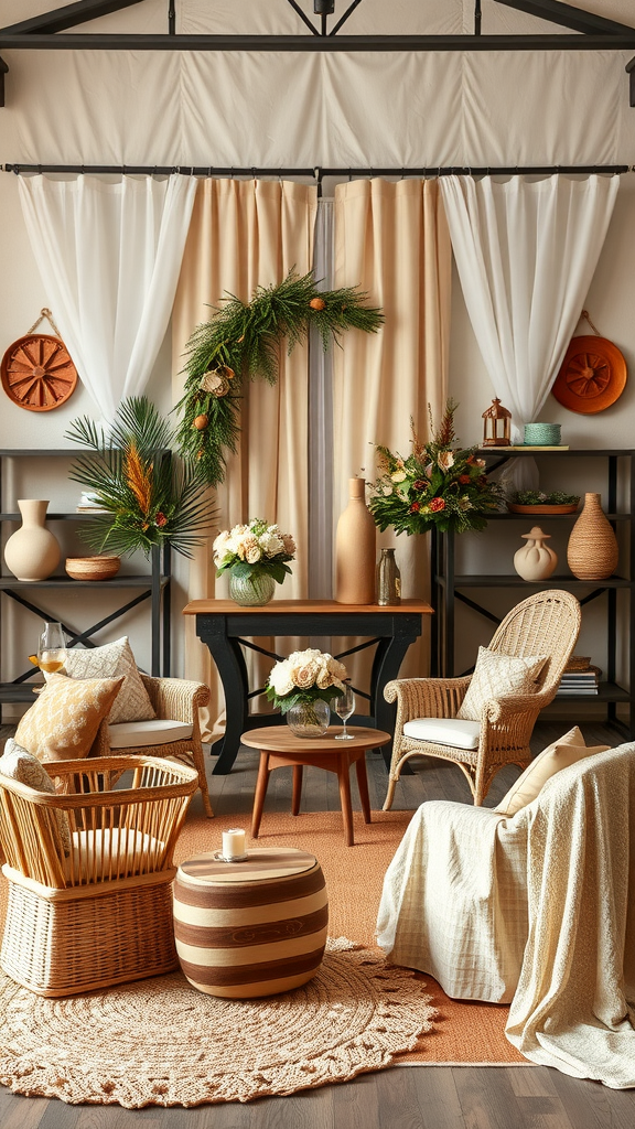 35 Earth Tone Wedding Ideas That'll Make Your Guests Go 'Wow!' (Don't Miss #10!) A cozy vintage-inspired setting with earth tone decor, featuring woven furniture and floral arrangements.